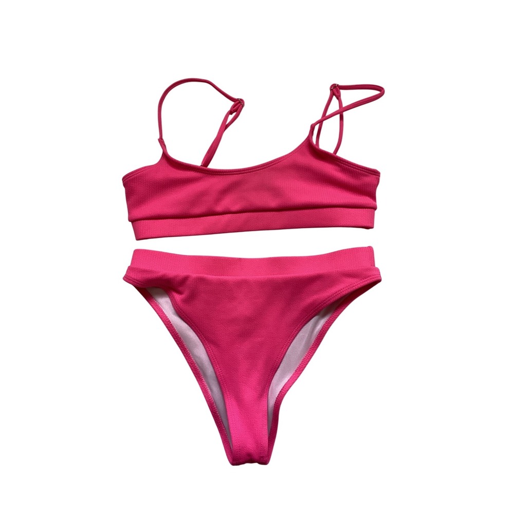 Hot Pink Ribbed Bikini Set High Cut Cheeky Two Piece Swimsuit Small
